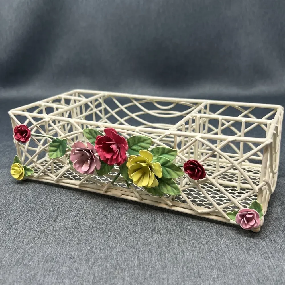 Vintage Floral Wire Lattice Tole Flower Caddy Cottage Core Desk Decor Organizer
